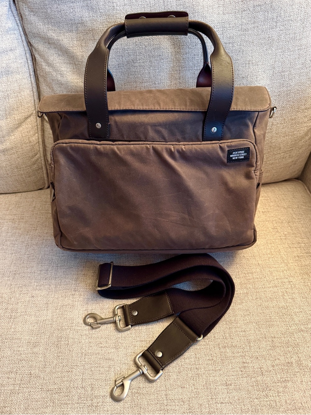 Jack Spade Chocolate Brown Waxed Canvas overnight bag with Leather accents.